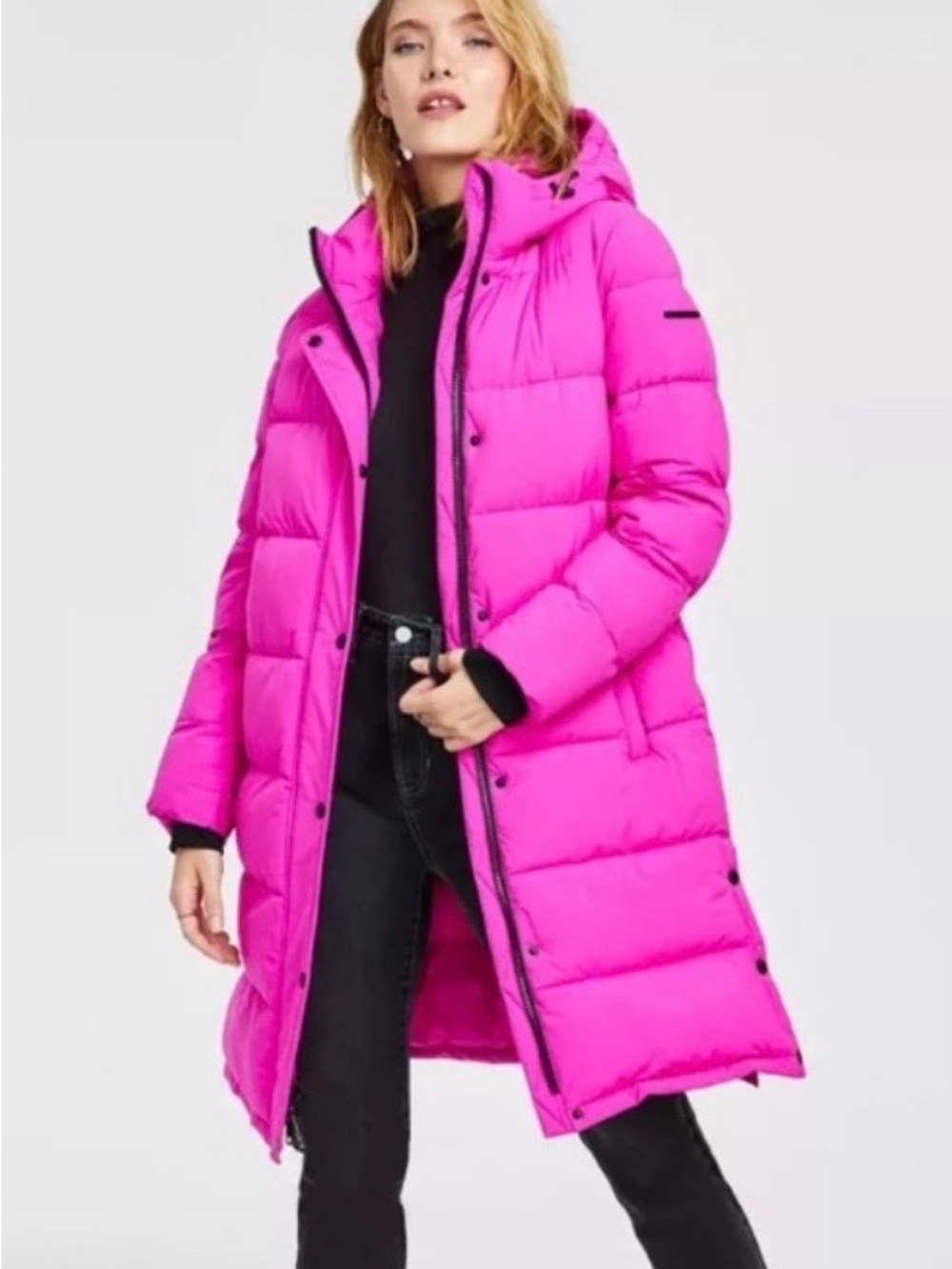 BCBGgeneration Women's Hot Pink Puffer Coat with Hood